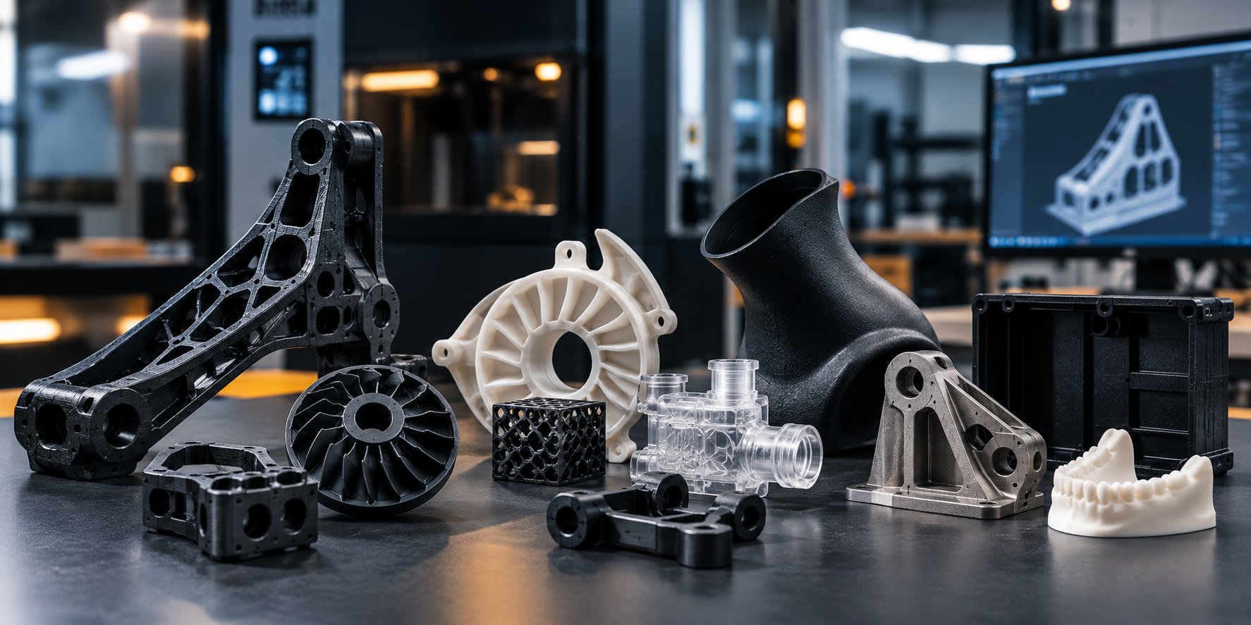Différentes pièces techniques fabriquées par fabrication additive